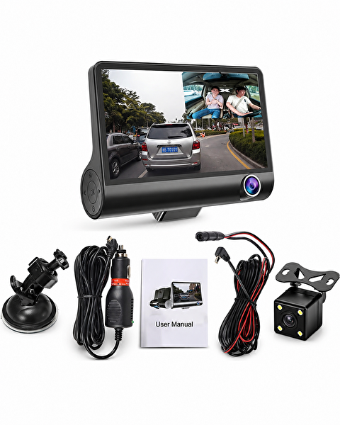Mega Oto Market 140 Derece Geniş Açı 1080P Full HD Gece Görüşlü Araç İçi 3 Kameralı Araç Kamerası