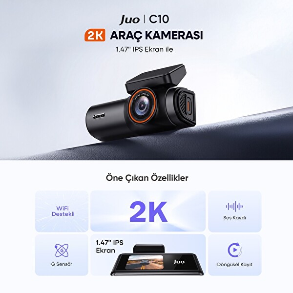 Juo C10 2K QHD WiFi Ekranlı Araç Kamerası 140 Derece Geniş Açı Gece Görüşlü G-Sensörlü Araç İçi Kamera