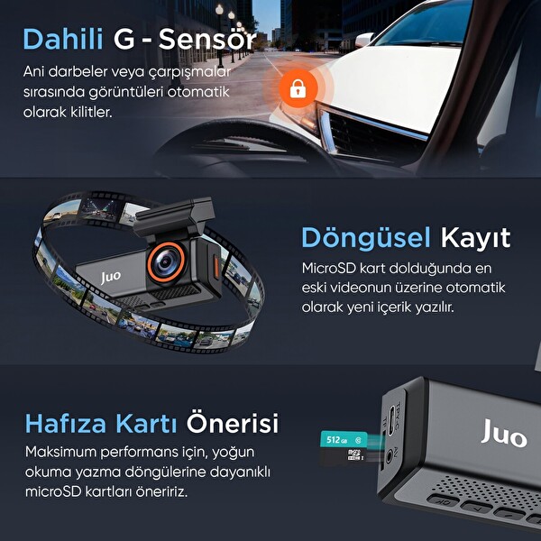 Juo C20 4K 2 Kameralı UHD Ön - FHD Arka WiFi GPS HDR 170 Derece Geniş Açı Gece Görüşlü Ekranlı Araç İçi Kamera