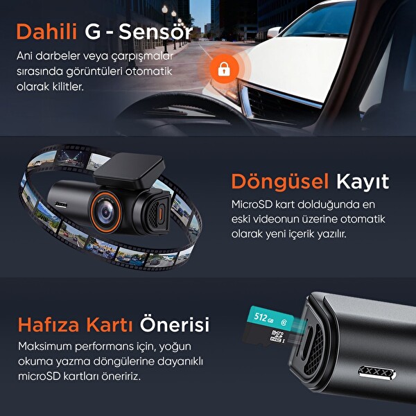 Juo C10 Pro 3K UHD HDR WiFi Ekranlı Araç Kamerası 170 Derece Geniş Açı Gece Görüşlü G-Sensörlü Araç İçi Kamera