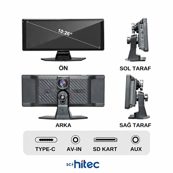 SChitec 4K Ultra Araç içi Akıllı Ekran Ön ve Arka Kameralı Kablosuz CarPlay ve Android Auto Destekli 10.26 Araç Kamerası YK3507
