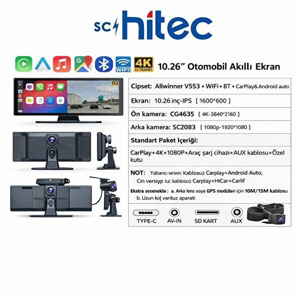 SChitec 4K Ultra Araç içi Akıllı Ekran Ön ve Arka Kameralı Kablosuz CarPlay ve Android Auto Destekli 10.26 Araç Kamerası YK3507