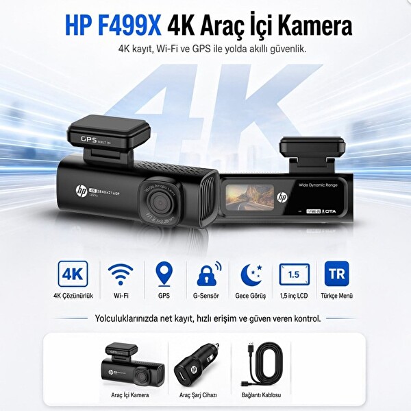 HP F499x 4K Araç içi LCD Ekran Wi-fi Kamera (Distribütör Garantili)