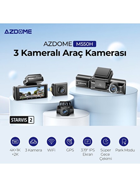 Azdome M550H 3 Kameralı 4K+2K+1K Çift Starvis 2 Araç Kamerası