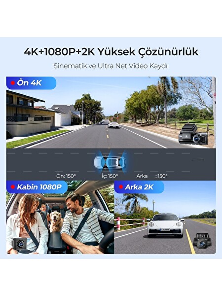 Azdome M550H 3 Kameralı 4K+2K+1K Çift Starvis 2 Araç Kamerası