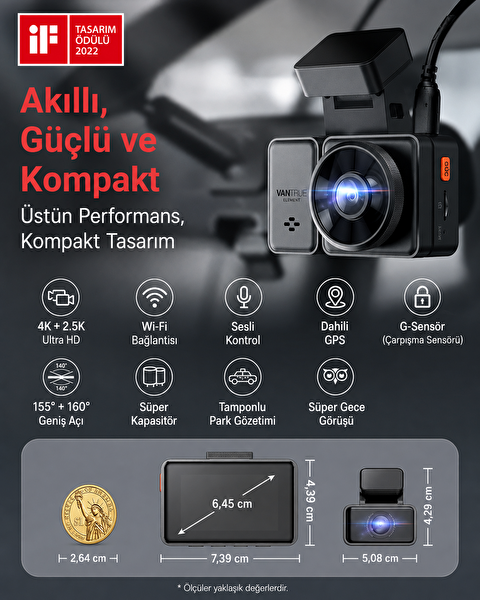 Vantrue Element2 Pro 4K UHD + 2.5K QHD 5GHz Wi-Fi Araç İçi Kamera
