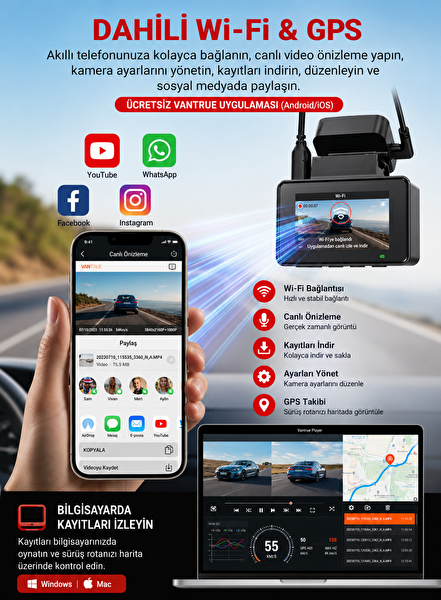 Vantrue Element2 Pro 4K UHD + 2.5K QHD 5GHz Wi-Fi Araç İçi Kamera