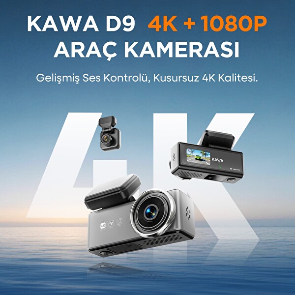 Kawa D9 2 Kameralı 4K Ön-1080P Arka HDR NightEagle Gece Görüşlü WiFi 6 GPS G-Sensör 64GB Kartlı Araç Kamerası