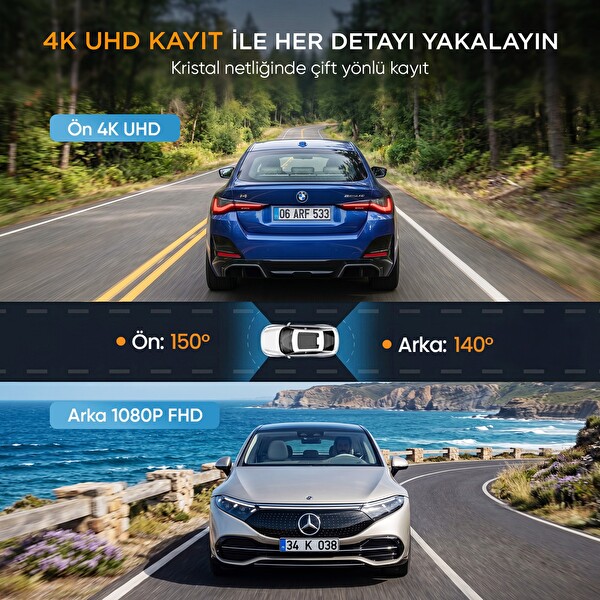 Kawa D9 2 Kameralı 4K Ön-1080P Arka HDR NightEagle Gece Görüşlü WiFi 6 GPS G-Sensör 64GB Kartlı Araç Kamerası
