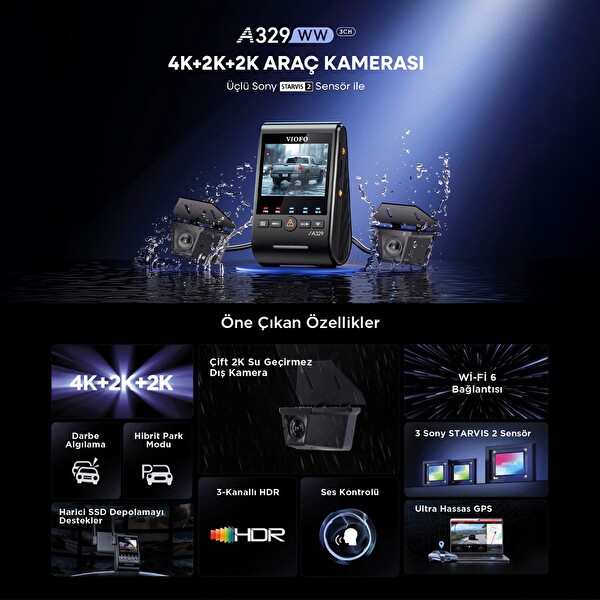 Viofo A329WW 3 Kanal 4K Ön Çift 2K IP67 Su Geçirmez Dış Kamera Sony STARVIS 2 HDR WiFi 6 GPS Kamyon Tır Araç Kamerası