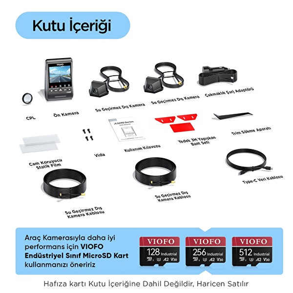 Viofo A329WW 3 Kanal 4K Ön Çift 2K IP67 Su Geçirmez Dış Kamera Sony STARVIS 2 HDR WiFi 6 GPS Kamyon Tır Araç Kamerası