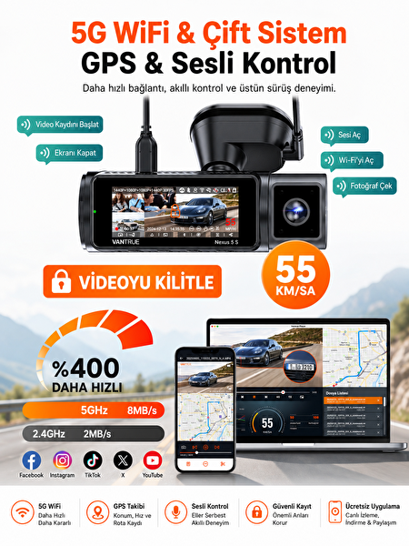 Vantrue Nexus 5S N5S 2.7K QHD 4 Kameralı 2 Araç Kamerası