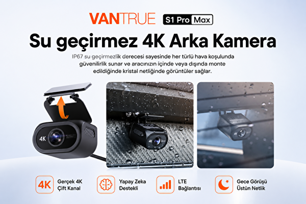Vantrue S1 Pro Max 4k+4k UHD Ön Arka Çift Kameralı Ai Destekli Araç Kamerası