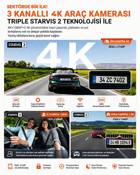 Vantrue Nexus 4 Pro S 3 Kameralı 4K UHD Wi-Fi GPS Araç Kamerası
