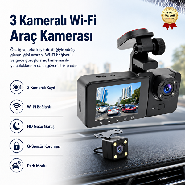 Hzl Store CMR-67 Araç Kamerası Ön İç Arka 3 Kameralı Wi-Fi Gece Görüş G-Sensör ve Park Modu Araç Kamerası