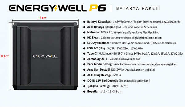 Energywell Battery Pack P6 Araç Kamerası Park Modu Güç İstasyonu