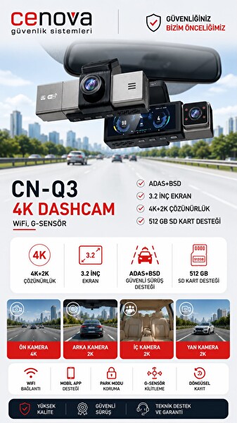 Cenova CN-X3 4K UHD 3 Kameralı GPS ve Wi-Fi Destekli Akıllı Araç Kayıt Sistemi