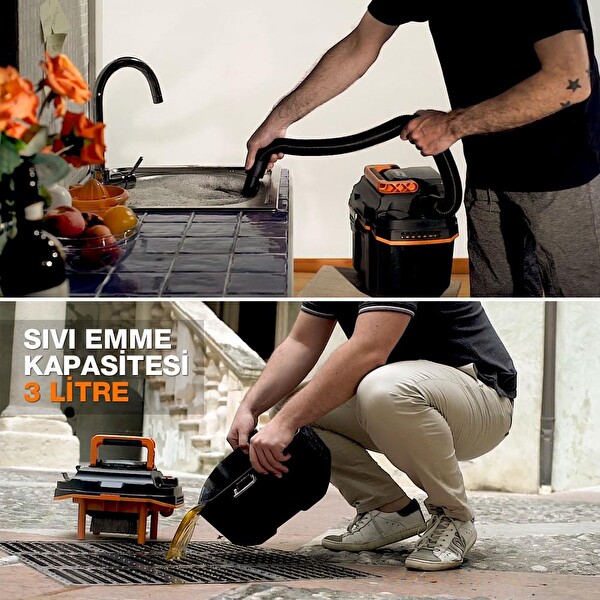 Worx WX031.9 20Volt 200W/16Kpa Li-ion Kömürsüz Flexi Esnek Hortumlu Islak-Kuru Süpürge Üfleme (Akü Dahil Değildir)