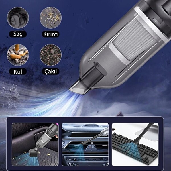 Ally 14000Pa Güçlü Portatif 2 Kademeli Taşınabilir Vakumlu Kablosuz Üflemeli Mini Araç Süpürgesi