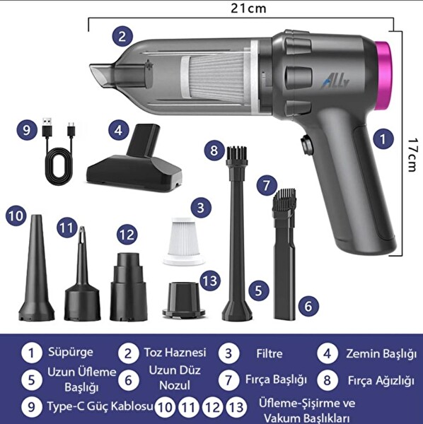 Ally 14000Pa Güçlü Portatif 2 Kademeli Taşınabilir Vakumlu Kablosuz Üflemeli Mini Araç Süpürgesi