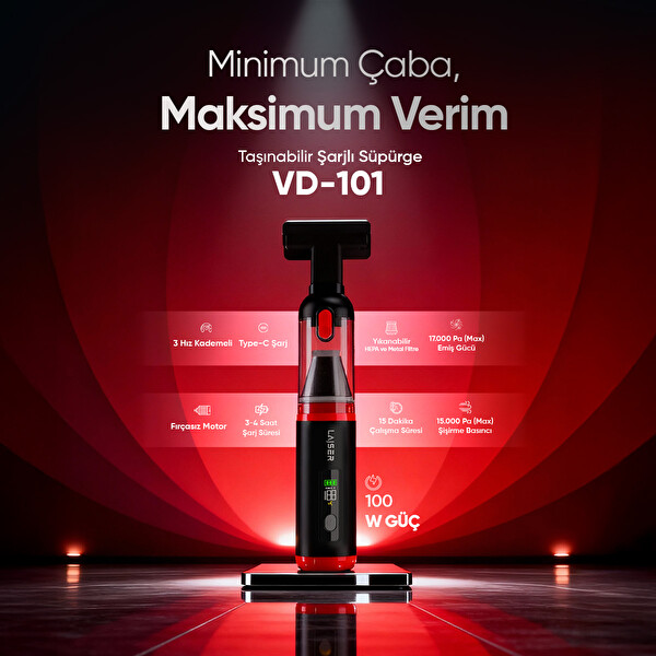 Laiser Kompakt LED Ekranlı 17.000 PA 3ın1 Çekme Vakum Üfleme Özellikli Şarjlı Araç Süpürgesi