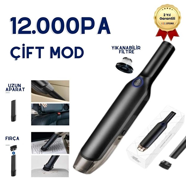 Hzl Store 12000Pa 80W Şarjlı Portatif Araç Süpürgesi - Islak Kuru Kullanım 2 Kademeli Yıkanabilir Filtre