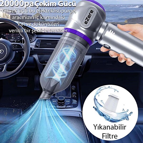 Ezere 7800 mAh Güçlendirilmiş Pil 20000 Pa Güçlü Portatif Vakumlu Kablosuz Üflemeli Mini Araç Süpürgesi