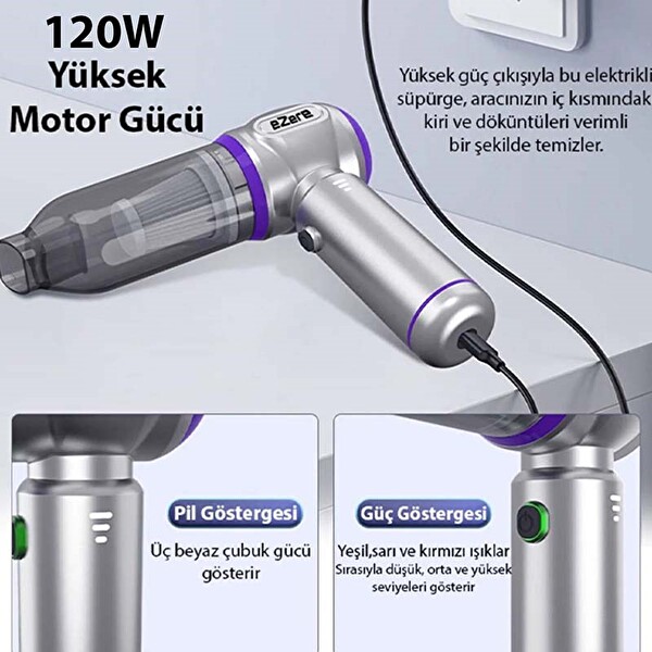 Ezere 7800 mAh Güçlendirilmiş Pil 20000 Pa Güçlü Portatif Vakumlu Kablosuz Üflemeli Mini Araç Süpürgesi