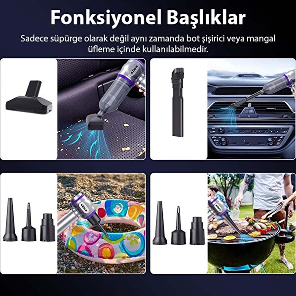 Ezere 7800 mAh Güçlendirilmiş Pil 20000 Pa Güçlü Portatif Vakumlu Kablosuz Üflemeli Mini Araç Süpürgesi