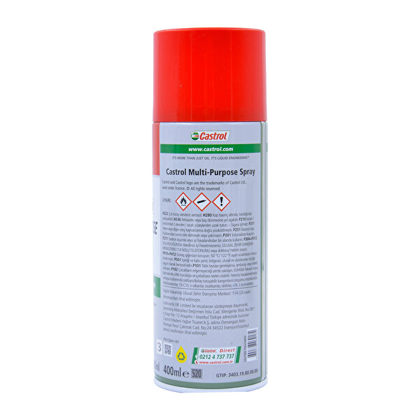 Castrol Multi Purpose Spray Çok Amaçlı Temizleme Pas Sökücü ve Yağlayıcı Sprey 400 ML