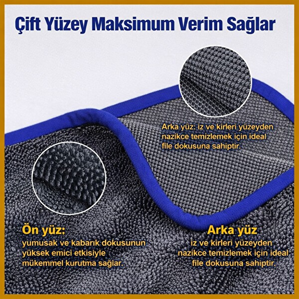 Arway TW3 Ultra Su Emici İz Bırakmaz XL 60×90 CM 600 GSM Mikrofiber Araç Kurulama Havlusu