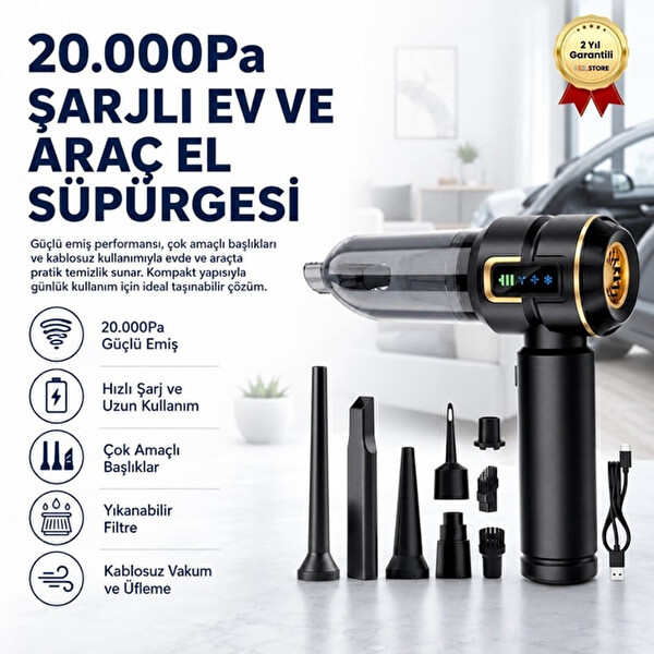 Hzl Store 20000 Pa Emiş Güçlü Taşınabilir Şarjlı Ev ve Araç Süpürgesi