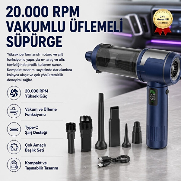 Hzl Store 20000 RPM Kablosuz Hava Üfleme ve Çekme Süpürgesi Type-C Şarjlı Ev Araba Ofis Temizlik Cihazı