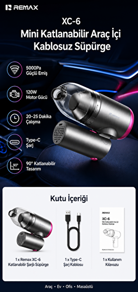 Remax XC-6 Katlanabilir 120W Emiş Gücü Mini Araç İçi Şarjlı Kablosuz El Süpürgesi