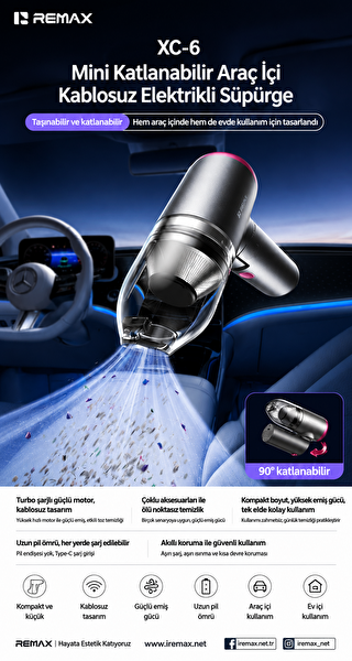 Remax XC-6 Katlanabilir 120W Emiş Gücü Mini Araç İçi Şarjlı Kablosuz El Süpürgesi