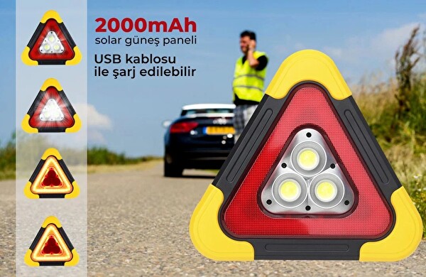 Electroon HB-7709 Solar Şarjlı Üçgen Reflektör Işıklı İkaz Lambası