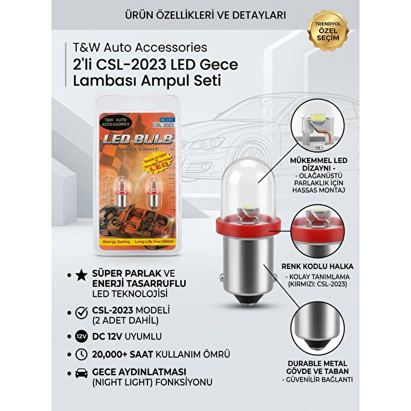 Mega Oto Market T10 12V W5W Led Ampul Kırmızı Çiftli Set Park Plaka İç Aydınlatma