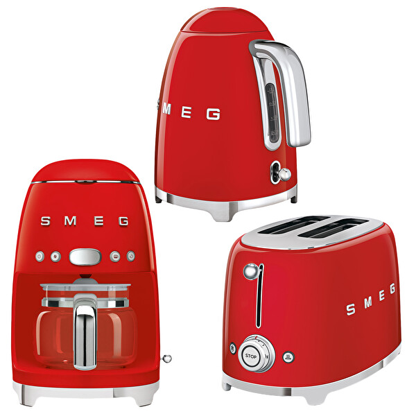 Smeg 50's Style KLF03RDEU Kırmızı Kettle TSF01RDEU 1x2 Ekmek Kızartma Makinesi ve DCF02RDEU Filtre Kahve Makine Seti