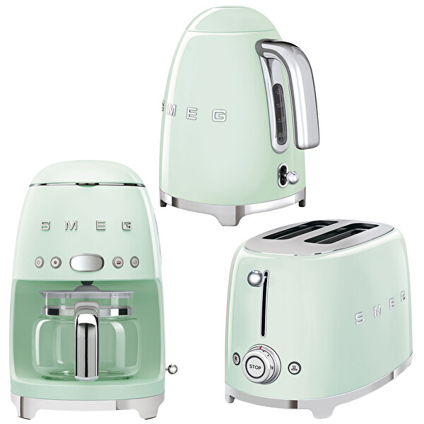 Smeg 50's Style KLF03PGEU Pastel Yeşil Kettle TSF01PGEU 1x2 Ekmek Kızartma Makinesi ve DCF02PGEU Filtre Kahve Makine Seti
