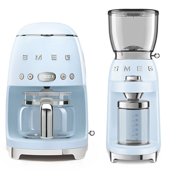 Smeg DCF02PBEU Pastel Mavi Filtre Kahve Makinesi ve CGF01PBEU Kahve Öğütme Makinesi Seti