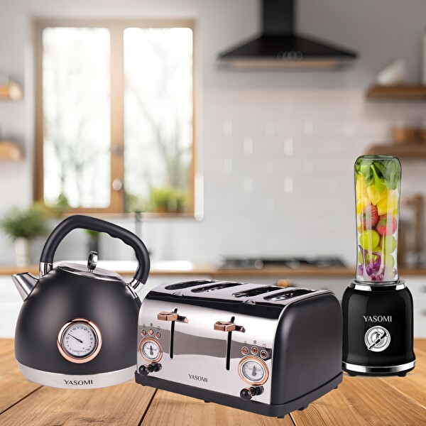 Yasomi Premium Kahvaltı Seti Su Isıtıcı Kettle - Smoothie Blender - Ekmek Kızartma Makinesi Siyah