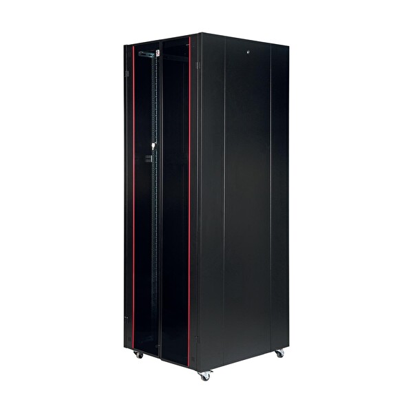 Lande 42U 800x1000 Hyperline Dikili Tip Rack Kabinet Siyah - Ön Cam Kapak Tekerlekli