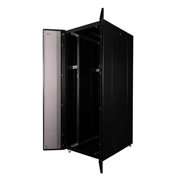 Lande 42U 800x1000 Hyperline Dikili Tip Rack Kabinet Siyah - Ön Cam Kapak Tekerlekli