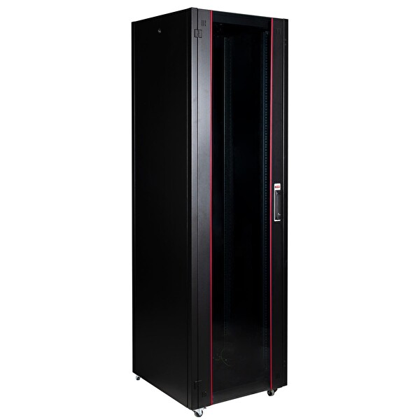 Lande 42U 600x600 Hyperline Dikili Tip Rack Kabinet Siyah - Ön Cam Kapak Tekerlekli