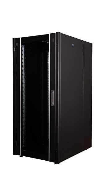Lande Demonte 26U 600x800 Hyperline Dikili Tip Rack Kabinet Siyah Ön Cam Kapak Tekerlekli
