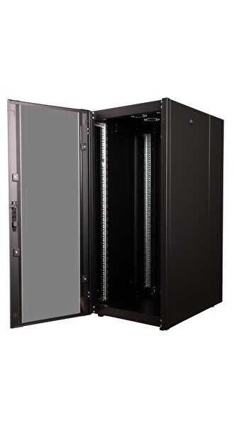 Lande Demonte 26U 600x800 Hyperline Dikili Tip Rack Kabinet Siyah Ön Cam Kapak Tekerlekli