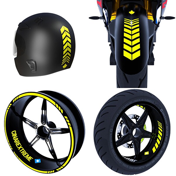 Çınar Extreme Floresan Sarı İç Dış Jant Şeridi Kask ve Çamurluk Moto Rider 4'lü Sticker Seti