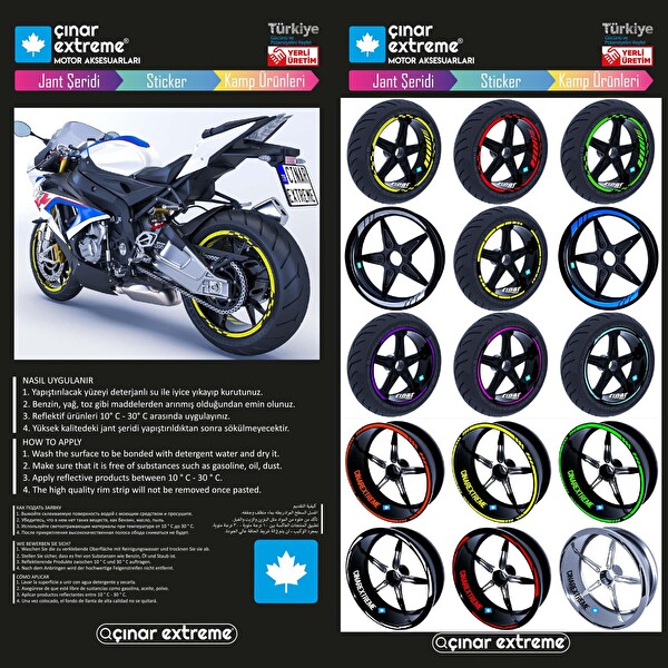 Çınar Extreme Reflektif Kırmızı İç Dış Jant Şeridi Kask ve Çamurluk Moto Rider 4'lü Sticker Seti