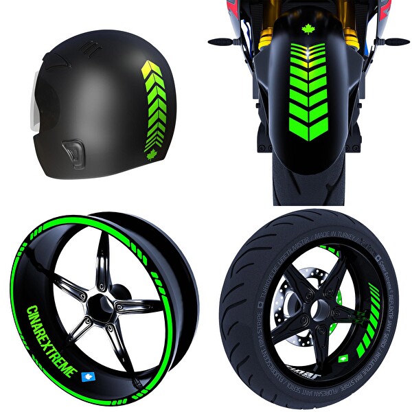 Moto Rider Floresan Yeşil İç Dış Jant Şeridi Kask ve Çamurluk 4'lü Sticker Seti