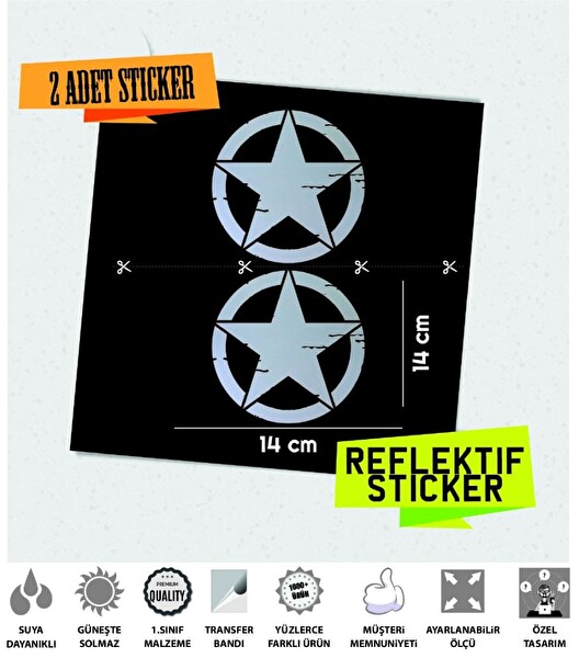 Çınar Extreme 2'li Büyük Boy Eskitilmiş Askeri Yıldız Seti Reflektif Sticker